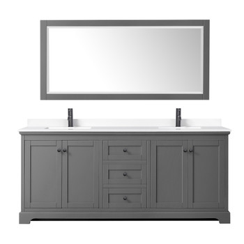 Avery 80 Inch Double Bathroom Vanity In Dark Gray, White Cultured Marble Countertop, Undermount Square Sinks, Matte Black Trim, 70 Inch Mirror
