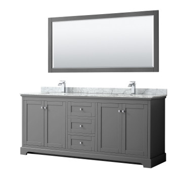 Avery 80 Inch Double Bathroom Vanity In Dark Gray, White Carrara Marble Countertop, Undermount Square Sinks, And 70 Inch Mirror