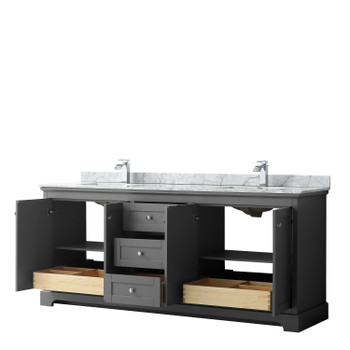 Avery 80 Inch Double Bathroom Vanity In Dark Gray, White Carrara Marble Countertop, Undermount Square Sinks, And No Mirror