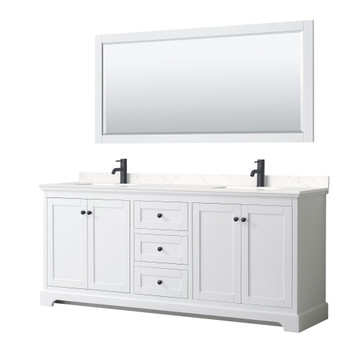 Avery 80 Inch Double Bathroom Vanity In White, Carrara Cultured Marble Countertop, Undermount Square Sinks, Matte Black Trim, 70 Inch Mirror