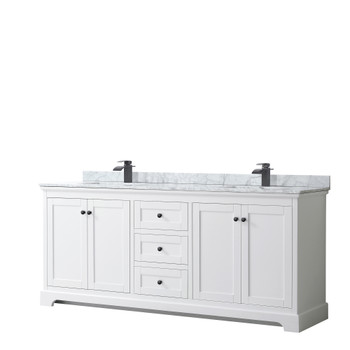 Avery 80 Inch Double Bathroom Vanity In White, White Carrara Marble Countertop, Undermount Square Sinks, Matte Black Trim