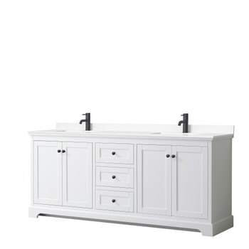 Avery 80 Inch Double Bathroom Vanity In White, White Cultured Marble Countertop, Undermount Square Sinks, Matte Black Trim