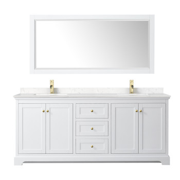 Avery 80 Inch Double Bathroom Vanity In White, Carrara Cultured Marble Countertop, Undermount Square Sinks, 70 Inch Mirror, Brushed Gold Trim