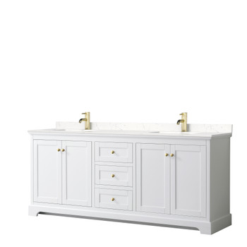 Avery 80 Inch Double Bathroom Vanity In White, Carrara Cultured Marble Countertop, Undermount Square Sinks, Brushed Gold Trim