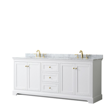 Avery 80 Inch Double Bathroom Vanity In White, White Carrara Marble Countertop, Undermount Oval Sinks, Brushed Gold Trim