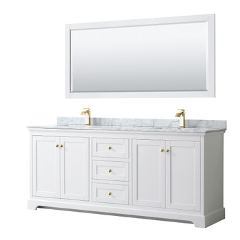 Avery 80 Inch Double Bathroom Vanity In White, White Carrara Marble Countertop, Undermount Square Sinks, 70 Inch Mirror, Brushed Gold Trim