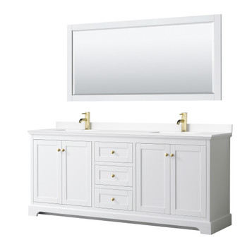 Avery 80 Inch Double Bathroom Vanity In White, White Cultured Marble Countertop, Undermount Square Sinks, 70 Inch Mirror, Brushed Gold Trim