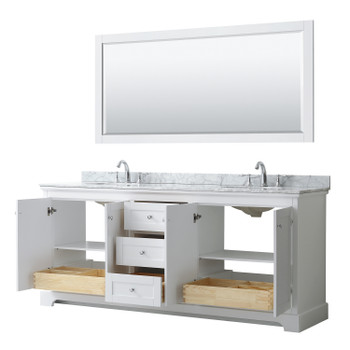 Avery 80 Inch Double Bathroom Vanity In White, White Carrara Marble Countertop, Undermount Oval Sinks, And 70 Inch Mirror