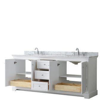 Avery 80 Inch Double Bathroom Vanity In White, White Carrara Marble Countertop, Undermount Oval Sinks, And No Mirror