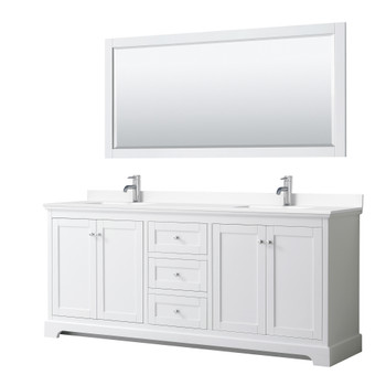 Avery 80 Inch Double Bathroom Vanity In White, White Cultured Marble Countertop, Undermount Square Sinks, 70 Inch Mirror