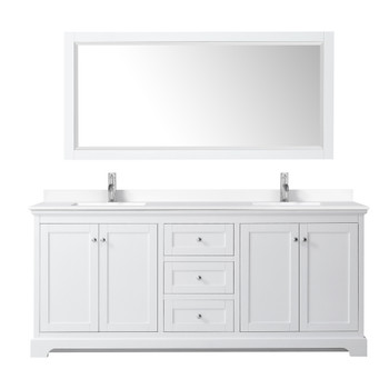 Avery 80 Inch Double Bathroom Vanity In White, White Cultured Marble Countertop, Undermount Square Sinks, 70 Inch Mirror