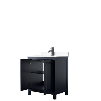 Daria 30 Inch Single Bathroom Vanity In Dark Blue, White Cultured Marble Countertop, Undermount Square Sink, Matte Black Trim