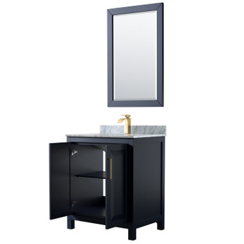 Daria 30 Inch Single Bathroom Vanity In Dark Blue, White Carrara Marble Countertop, Undermount Square Sink, 24 Inch Mirror