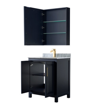 Daria 30 Inch Single Bathroom Vanity In Dark Blue, White Carrara Marble Countertop, Undermount Square Sink, Medicine Cabinet