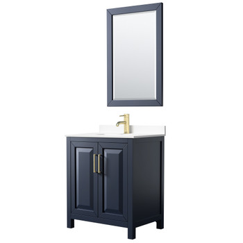 Daria 30 Inch Single Bathroom Vanity In Dark Blue, White Cultured Marble Countertop, Undermount Square Sink, 24 Inch Mirror