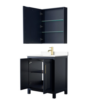 Daria 30 Inch Single Bathroom Vanity In Dark Blue, White Cultured Marble Countertop, Undermount Square Sink, Medicine Cabinet