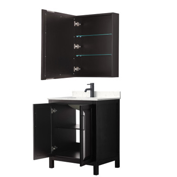 Daria 30 Inch Single Bathroom Vanity In Dark Espresso, Carrara Cultured Marble Countertop, Undermount Square Sink, Matte Black Trim, Medicine Cabinet