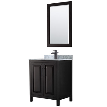 Daria 30 Inch Single Bathroom Vanity In Dark Espresso, White Carrara Marble Countertop, Undermount Square Sink, Matte Black Trim, 24 Inch Mirror