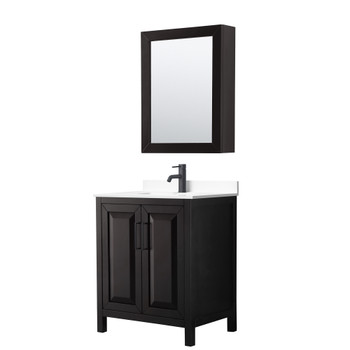 Daria 30 Inch Single Bathroom Vanity In Dark Espresso, White Cultured Marble Countertop, Undermount Square Sink, Matte Black Trim, Medicine Cabinet