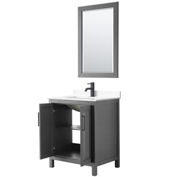 Daria 30 Inch Single Bathroom Vanity In Dark Gray, White Cultured Marble Countertop, Undermount Square Sink, Matte Black Trim, 24 Inch Mirror