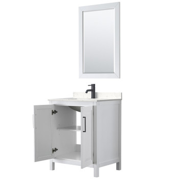 Daria 30 Inch Single Bathroom Vanity In White, Carrara Cultured Marble Countertop, Undermount Square Sink, Matte Black Trim, 24 Inch Mirror