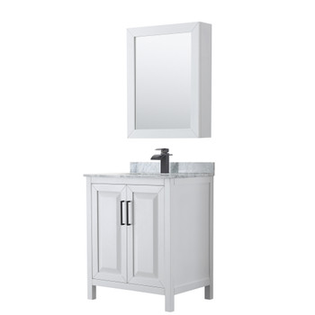 Daria 30 Inch Single Bathroom Vanity In White, White Carrara Marble Countertop, Undermount Square Sink, Matte Black Trim, Medicine Cabinet