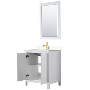 Daria 30 Inch Single Bathroom Vanity In White, Carrara Cultured Marble Countertop, Undermount Square Sink, 24 Inch Mirror, Brushed Gold Trim