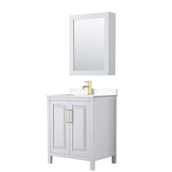 Daria 30 Inch Single Bathroom Vanity In White, Carrara Cultured Marble Countertop, Undermount Square Sink, Medicine Cabinet, Brushed Gold Trim