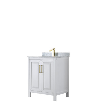 Daria 30 Inch Single Bathroom Vanity In White, White Carrara Marble Countertop, Undermount Square Sink, Brushed Gold Trim