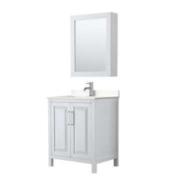 Daria 30 Inch Single Bathroom Vanity In White, Carrara Cultured Marble Countertop, Undermount Square Sink, Medicine Cabinet
