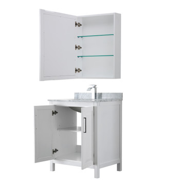 Daria 30 Inch Single Bathroom Vanity In White, White Carrara Marble Countertop, Undermount Square Sink, And Medicine Cabinet