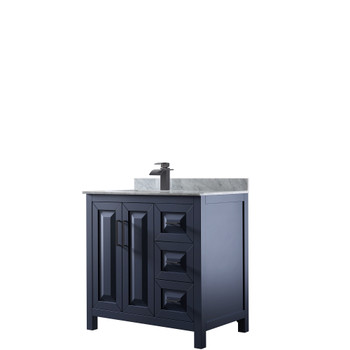 Daria 36 Inch Single Bathroom Vanity In Dark Blue, White Carrara Marble Countertop, Undermount Square Sink, Matte Black Trim