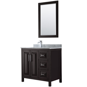 Daria 36 Inch Single Bathroom Vanity In Dark Espresso, White Carrara Marble Countertop, Undermount Square Sink, And 24 Inch Mirror
