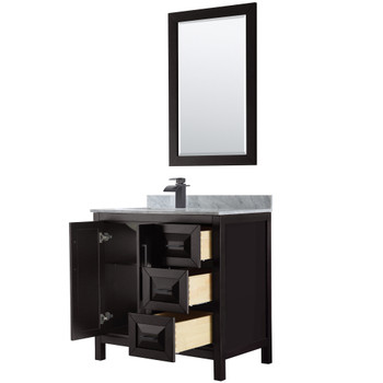 Daria 36 Inch Single Bathroom Vanity In Dark Espresso, White Carrara Marble Countertop, Undermount Square Sink, Matte Black Trim, 24 Inch Mirror