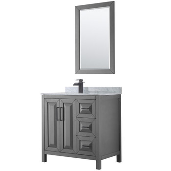Daria 36 Inch Single Bathroom Vanity In Dark Gray, White Carrara Marble Countertop, Undermount Square Sink, Matte Black Trim, 24 Inch Mirror