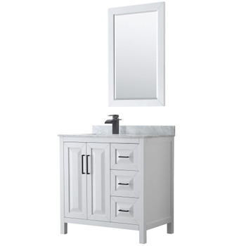 Daria 36 Inch Single Bathroom Vanity In White, White Carrara Marble Countertop, Undermount Square Sink, Matte Black Trim, 24 Inch Mirror