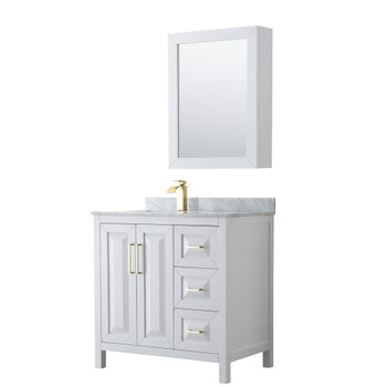 Daria 36 Inch Single Bathroom Vanity In White, White Carrara Marble Countertop, Undermount Square Sink, Medicine Cabinet, Brushed Gold Trim