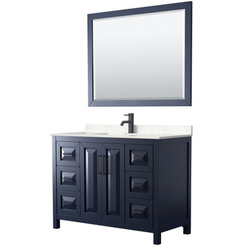 Daria 48 Inch Single Bathroom Vanity In Dark Blue, Carrara Cultured Marble Countertop, Undermount Square Sink, Matte Black Trim, 46 Inch Mirror