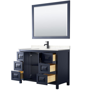 Daria 48 Inch Single Bathroom Vanity In Dark Blue, Carrara Cultured Marble Countertop, Undermount Square Sink, Matte Black Trim, 46 Inch Mirror