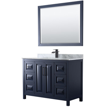 Daria 48 Inch Single Bathroom Vanity In Dark Blue, White Carrara Marble Countertop, Undermount Square Sink, Matte Black Trim, 46 Inch Mirror