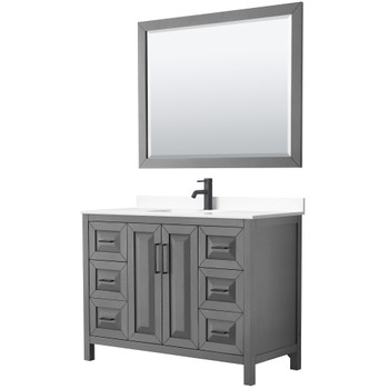 Daria 48 Inch Single Bathroom Vanity In Dark Gray, White Cultured Marble Countertop, Undermount Square Sink, Matte Black Trim, 46 Inch Mirror