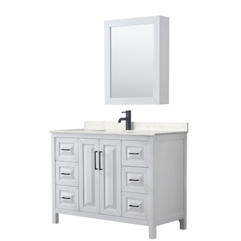 Daria 48 Inch Single Bathroom Vanity In White, Carrara Cultured Marble Countertop, Undermount Square Sink, Matte Black Trim, Medicine Cabinet