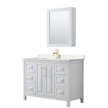 Daria 48 Inch Single Bathroom Vanity In White, Carrara Cultured Marble Countertop, Undermount Square Sink, Medicine Cabinet, Brushed Gold Trim