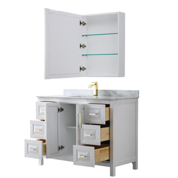 Daria 48 Inch Single Bathroom Vanity In White, White Carrara Marble Countertop, Undermount Square Sink, Medicine Cabinet, Brushed Gold Trim