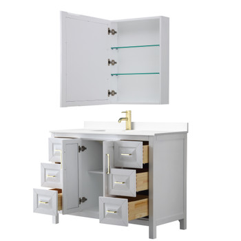 Daria 48 Inch Single Bathroom Vanity In White, White Cultured Marble Countertop, Undermount Square Sink, Medicine Cabinet, Brushed Gold Trim