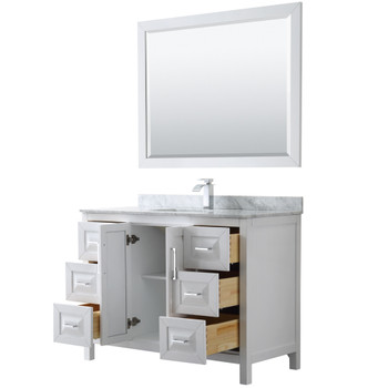 Daria 48 Inch Single Bathroom Vanity In White, White Carrara Marble Countertop, Undermount Square Sink, And 46 Inch Mirror