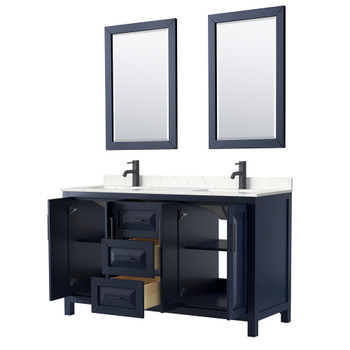 Daria 60 Inch Double Bathroom Vanity In Dark Blue, Carrara Cultured Marble Countertop, Undermount Square Sinks, Matte Black Trim, 24 Inch Mirrors