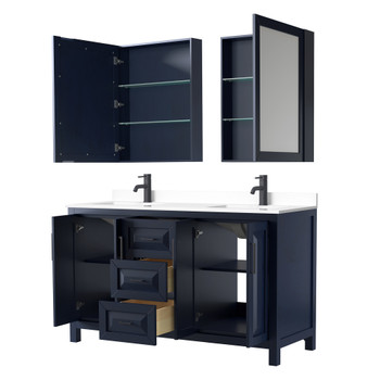 Daria 60 Inch Double Bathroom Vanity In Dark Blue, White Cultured Marble Countertop, Undermount Square Sinks, Matte Black Trim, Medicine Cabinets