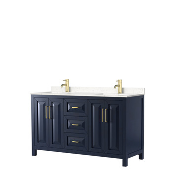 Daria 60 Inch Double Bathroom Vanity In Dark Blue, Carrara Cultured Marble Countertop, Undermount Square Sinks, No Mirror