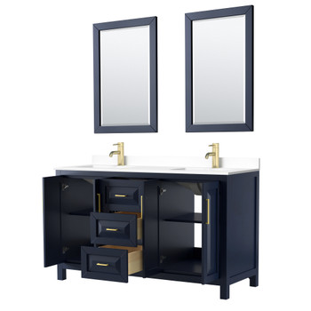 Daria 60 Inch Double Bathroom Vanity In Dark Blue, White Cultured Marble Countertop, Undermount Square Sinks, 24 Inch Mirrors